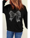 Black Rhinestone Bowknot Graphic Crewneck Pullover Sweatshirt - L