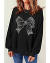Black Rhinestone Bowknot Graphic Crewneck Pullover Sweatshirt - S
