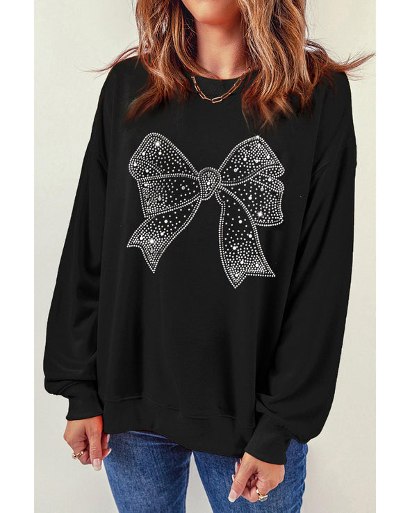 Black Rhinestone Bowknot Graphic Crewneck Pullover Sweatshirt - S