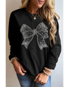 Black Rhinestone Bowknot Graphic Crewneck Pullover Sweatshirt - S