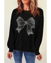 Black Rhinestone Bowknot Graphic Crewneck Pullover Sweatshirt - S