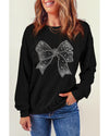 Black Rhinestone Bowknot Graphic Crewneck Pullover Sweatshirt - S