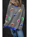 Black Stripe Sequin Rugby Football Drop Shoulder Pullover Sweatshirt - XL