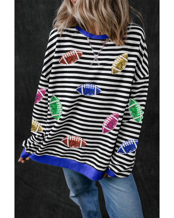 Black Stripe Sequin Rugby Football Drop Shoulder Pullover Sweatshirt - XL