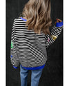 Black Stripe Sequin Rugby Football Drop Shoulder Pullover Sweatshirt - XL