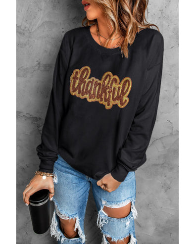 Black Glittering thankful Graphic Drop Shoulder Sweatshirt - M