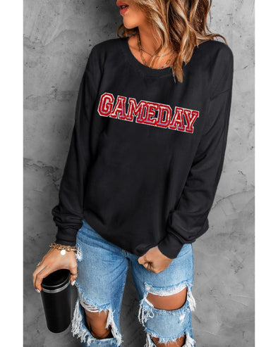 Black Sequined GAME DAY Rugby Football Season Sweatshirt - M