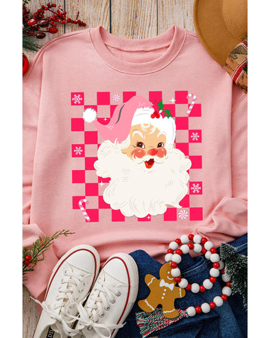 Pink Fancy Checkered Father Christmas Graphic Sweatshirt - XL