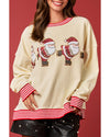 Beige Santa Skiing Graphic Striped Trim Corded Sweatshirt - S
