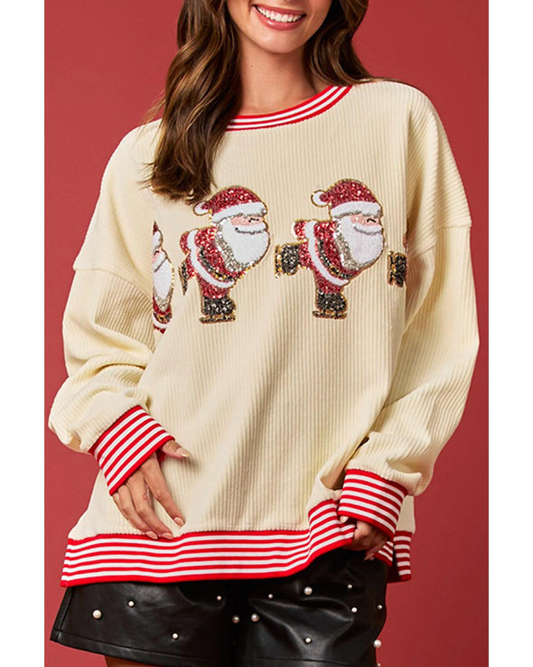 Beige Santa Skiing Graphic Striped Trim Corded Sweatshirt - S