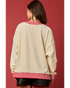 Beige Santa Skiing Graphic Striped Trim Corded Sweatshirt - S