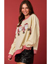 Beige Santa Skiing Graphic Striped Trim Corded Sweatshirt - S