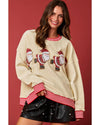 Beige Santa Skiing Graphic Striped Trim Corded Sweatshirt - S