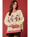 Beige Santa Skiing Graphic Striped Trim Corded Sweatshirt - S