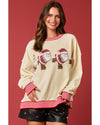 Beige Santa Skiing Graphic Striped Trim Corded Sweatshirt - S