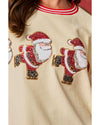 Beige Santa Skiing Graphic Striped Trim Corded Sweatshirt - S