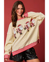 Beige Santa Skiing Graphic Striped Trim Corded Sweatshirt - S