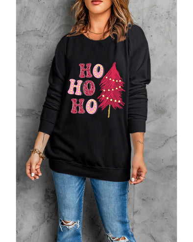 Black HO HO HO Christmas Tree Graphic Pullover Sweatshirt - L