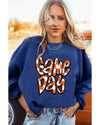 Dark Blue Chenille Checkered Game Day Graphic Drop Shoulder Corded Sweatshirt - XL