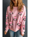 Pink Sequin Nutcracker Graphic Drop Shoulder Christmas Sweatshirt - M