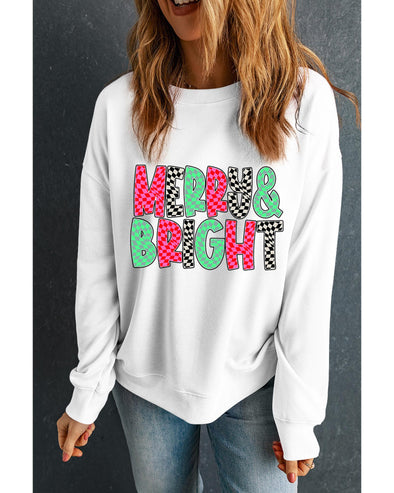 White MERRY & BRIGHT Checkered Print Crew Neck Sweatshirt - M