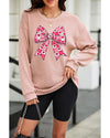 Pink Valentines Heart Checkered Bow Pattern Corded Baggy Sweatshirt - 3XL