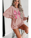 Pink Valentines Heart Checkered Bow Pattern Corded Baggy Sweatshirt - L