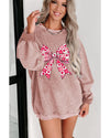 Pink Valentines Heart Checkered Bow Pattern Corded Baggy Sweatshirt - M