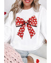 White Heart Bow Printed Round Neck Valentines Pullover Sweatshirt - M