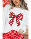 White Heart Bow Printed Round Neck Valentines Pullover Sweatshirt - M