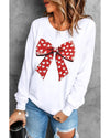 White Heart Bow Printed Round Neck Valentines Pullover Sweatshirt - M