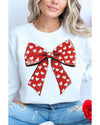 White Heart Bow Printed Round Neck Valentines Pullover Sweatshirt - M