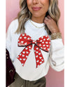 White Heart Bow Printed Round Neck Valentines Pullover Sweatshirt - M