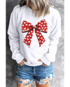 White Heart Bow Printed Round Neck Valentines Pullover Sweatshirt - M