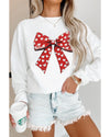 White Heart Bow Printed Round Neck Valentines Pullover Sweatshirt - S