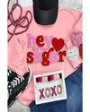 Pink Chenille Heart hey sugar Patched Pattern Valentines Pullover Sweatshirt - 2XL