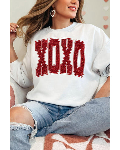 White Glitter XOXO Graphic Crewneck Valentines Pullover Sweatshirt - L