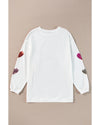 White Valentines Heart Patched Pattern Corded Pullover Sweatshirt - M