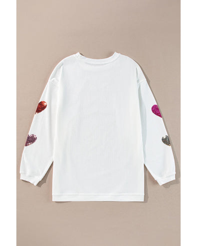 White Valentines Heart Patched Pattern Corded Pullover Sweatshirt - M
