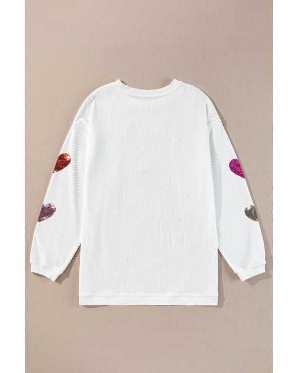 White Valentines Heart Patched Pattern Corded Pullover Sweatshirt - M