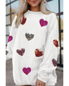 White Valentines Heart Patched Pattern Corded Pullover Sweatshirt - M