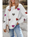 White Valentines Heart Patched Pattern Corded Pullover Sweatshirt - M