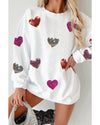 White Valentines Heart Patched Pattern Corded Pullover Sweatshirt - M