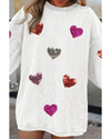 White Valentines Heart Patched Pattern Corded Pullover Sweatshirt - M
