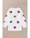 White Valentines Heart Patched Pattern Corded Pullover Sweatshirt - M
