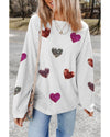 White Valentines Heart Patched Pattern Corded Pullover Sweatshirt - M