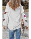 White Valentines Heart Patched Pattern Corded Pullover Sweatshirt - M