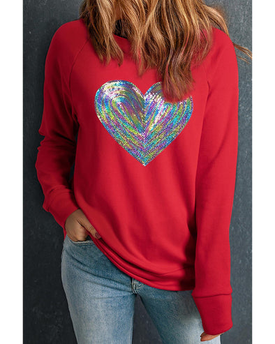 Red Bold Sequin Heart Crewneck Valentines Pullover Sweatshirt - XL