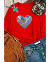 Red Bold Sequin Heart Crewneck Valentines Pullover Sweatshirt - XL