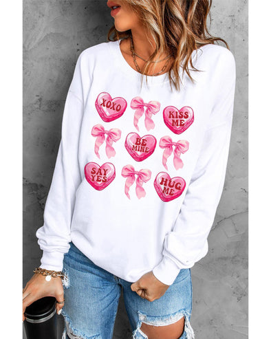 White Valentine Candy Heart & Bow Graphic Sweatshirt - M